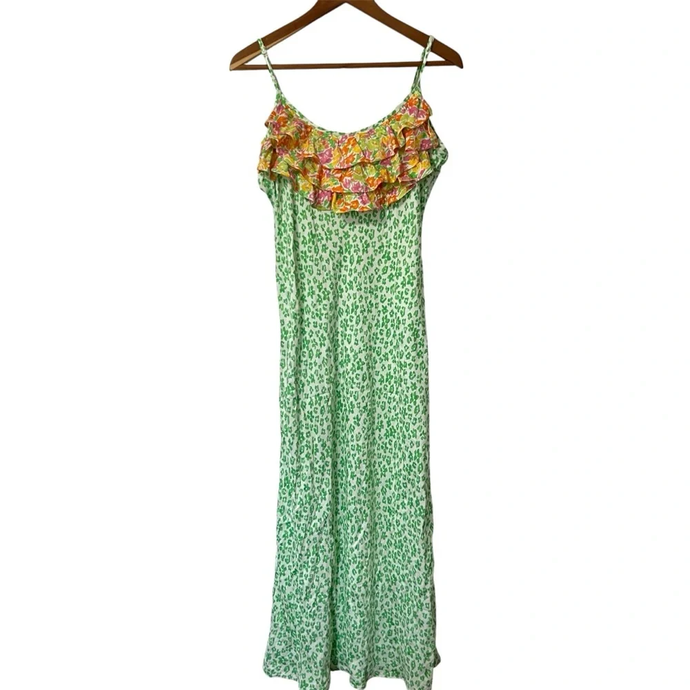 RIXO Target Green Leopard Print Ruffle Romantic Boho Midi Slip Dress Size M